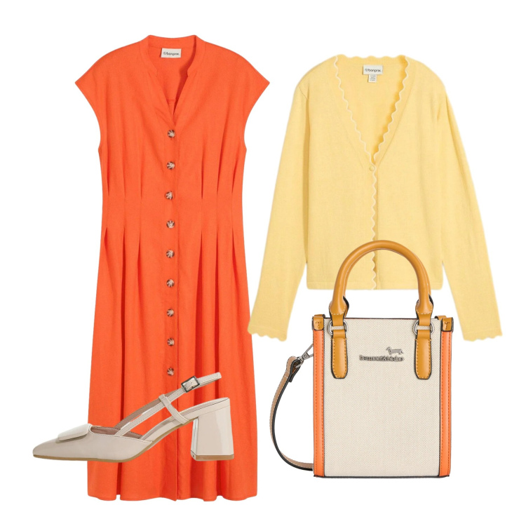 Outfit donna - Allegria di colori a primavera. Stile Vintage retrò per Tutti i giorni. Abbinamento con vestiti midi/longuette, cardigans, décolleté, borse tote.
