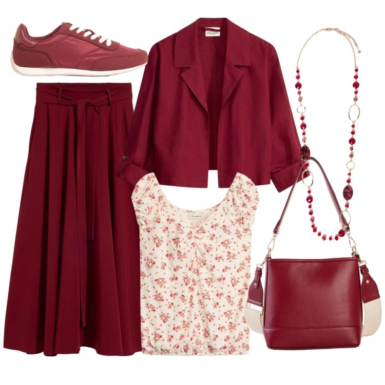 Outfit donna - Carminio style. Stile Glamour per Tutti i giorni. Abbinamento con gonne lunghe, blazer, canottiere, borse a tracolla, sneakers, collane.
