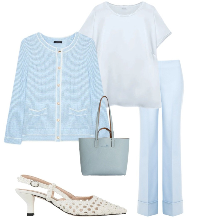 Outfit donna - Curve in movimento. Stile Bon Ton per Tutti i giorni. Abbinamento con décolleté, cardigans, pantaloni a palazzo, t-shirt, shopping bag.