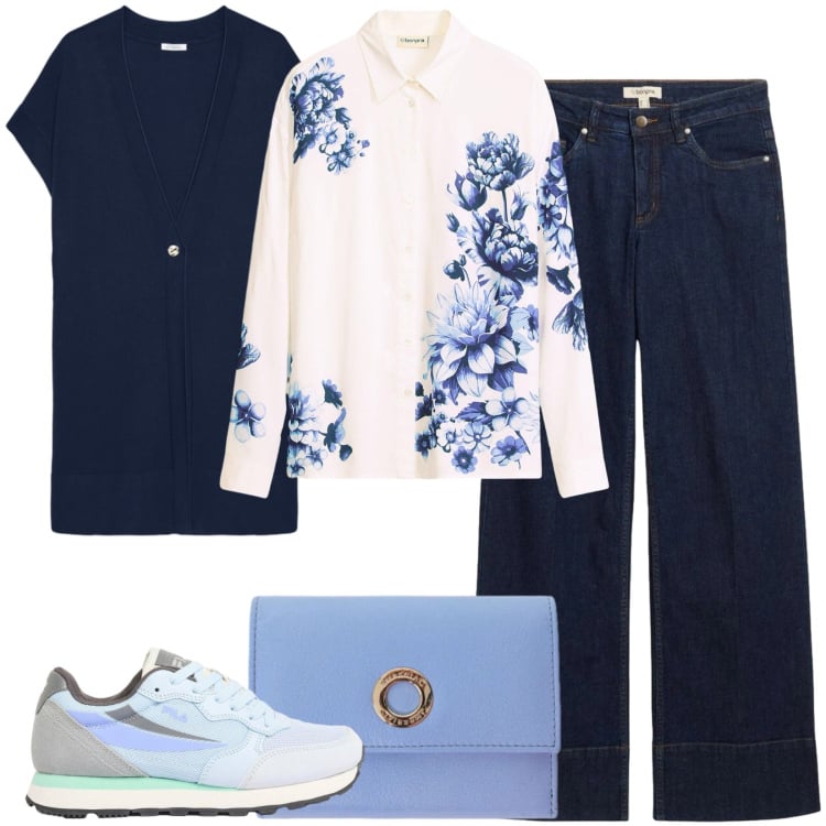 Outfit donna - Fiori e fiori. Stile Casual per Tutti i giorni. Abbinamento con camicie, jeans, sneakers, gilet, portafogli.