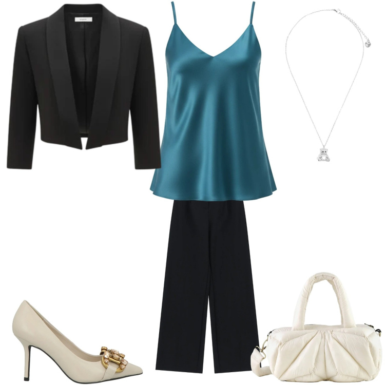 Outfit donna - Serata con le amiche. Stile Chic per Serata fuori. Abbinamento con pantaloni a palazzo, ciondoli, bolero, top, borse a mano, décolleté.