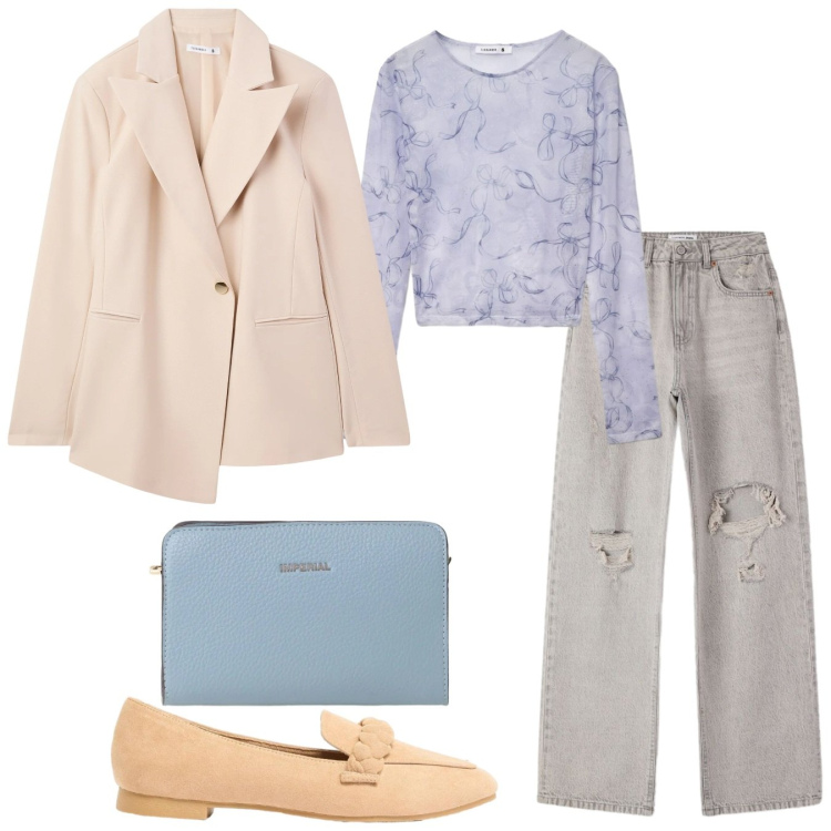 Outfit donna - Blazer di primavera - @antonellal. Stile Casual per Tutti i giorni. Abbinamento con mocassini, t-shirt, blazer, jeans strappati, borse a tracolla.