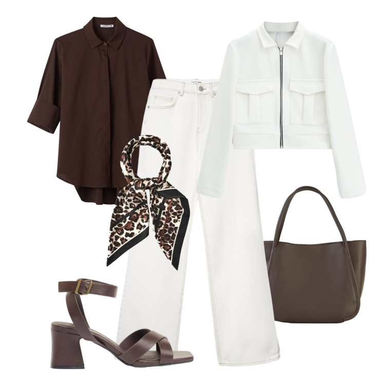 Outfit donna - Daily bianco e moro. Stile Sporty chic per Tutti i giorni. Abbinamento con sandali col tacco, shopping bag, jeans, camicie, foulard, cappotti.
