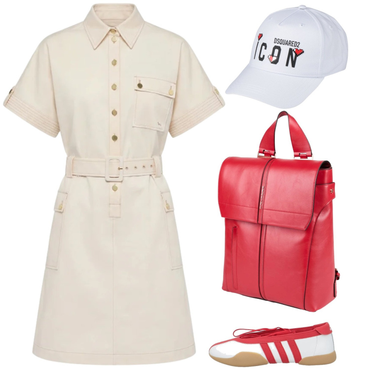 Outfit donna - Iconica. Stile Sporty chic per Tutti i giorni. Abbinamento con zaini, ballerine, cappelli con visiera, vestiti chemisier.