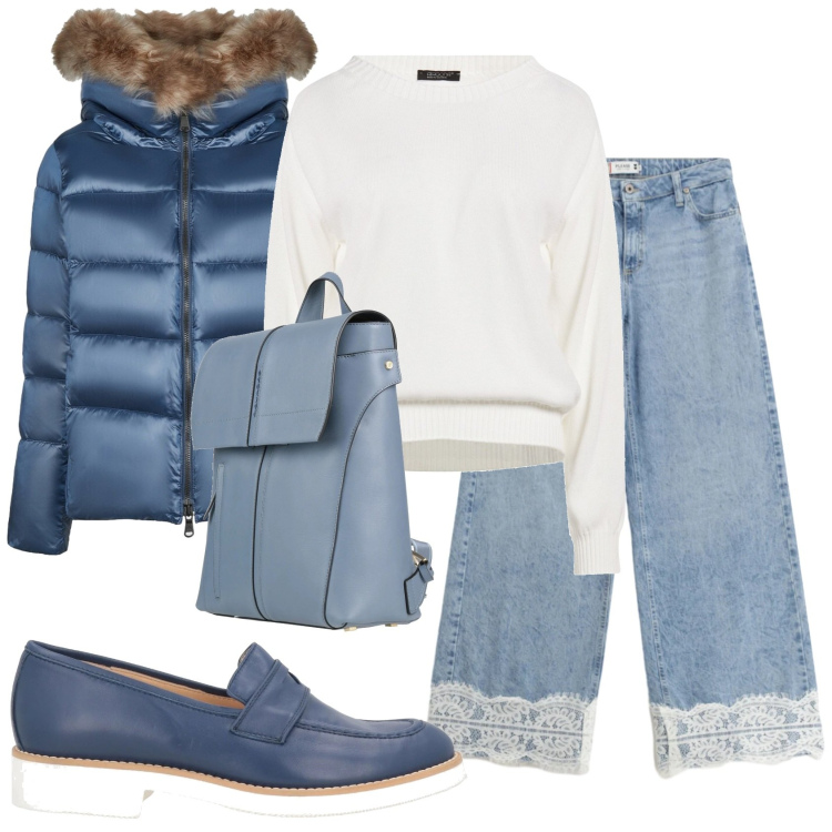 Outfit donna - Total look #2383600. Stile Casual per Tutti i giorni. Abbinamento con pullovers, mocassini, zaini, jeans, piumini.