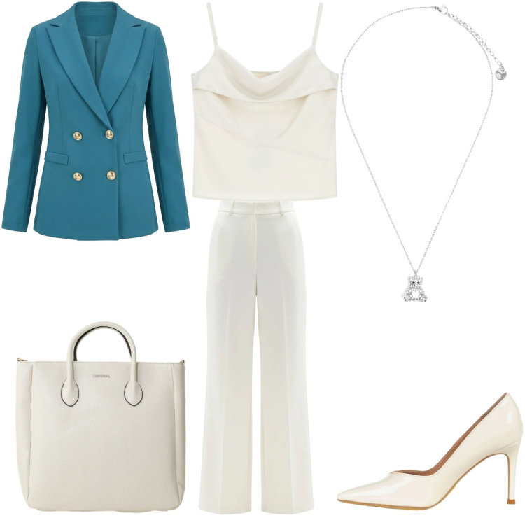 Outfit donna - A cena fuori. Stile Chic per Serata fuori. Abbinamento con canottiere, borse a tracolla, ciondoli, pantaloni a palazzo, blazer, décolleté.