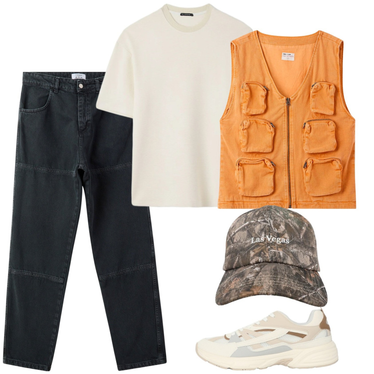Outfit uomo - Il gilet. Stile Casual per Tutti i giorni. Abbinamento con pantaloni, gilet, sneakers, cappelli con visiera, t-shirt.