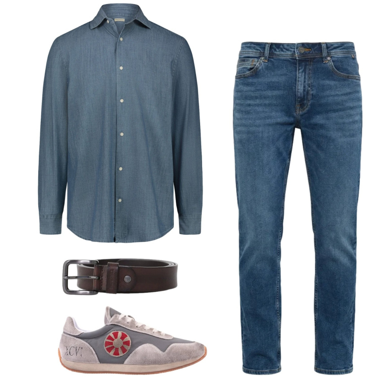 Outfit uomo - Denim&denim. Stile Casual per Tutti i giorni. Abbinamento con cinture, jeans, camicie, sneakers.