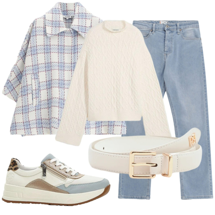 Outfit donna - Total look #2383622. Stile Casual per Tutti i giorni. Abbinamento con maglieria, sneakers, cappotti, jeans, cinture.