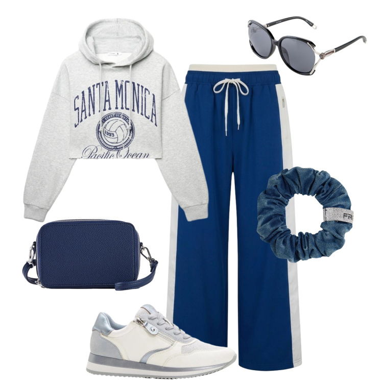 Outfit donna - Pomeriggio rilassato. Stile Casual per Tutti i giorni. Abbinamento con sneakers, borse a tracolla, occhiali da sole, pantaloni, felpe con cappuccio, accessori per capelli.