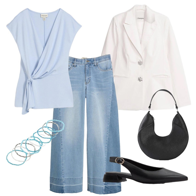 Outfit donna - Cool Spring. Stile Casual chic per Tutti i giorni. Abbinamento con jeans, ballerine, braccialetti, blazer, canottiere, borse a mano.
