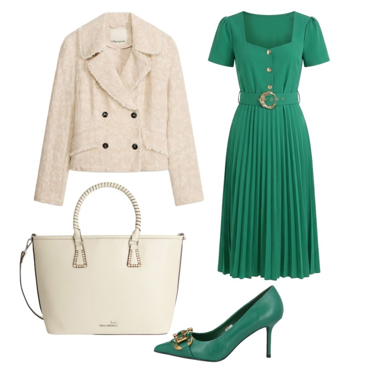 Outfit donna - Verde. Stile Chic per Cerimonia. Abbinamento con décolleté, blazer, shopping bag, vestiti midi/longuette.