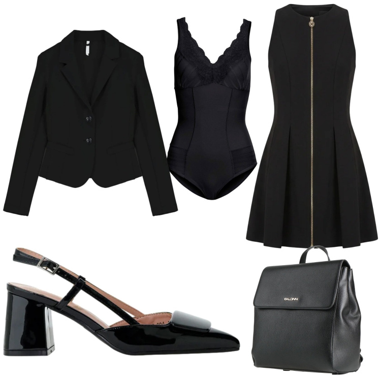 Outfit donna - Total black. Stile Chic per Serata fuori. Abbinamento con zaini, body, blazer, décolleté, vestiti corti.