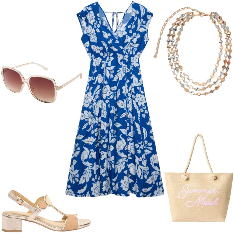 Outfit donna - Shopping. Stile Bon Ton per Tutti i giorni. Abbinamento con occhiali da sole, sandali col tacco, vestiti midi/longuette, borse tote, collane.