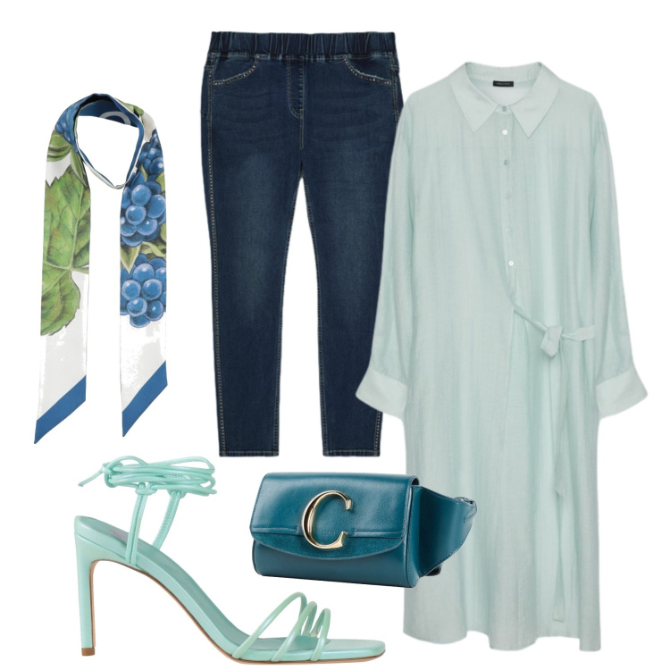 Outfit donna - Curve in movimento - Curvy style. Stile Glamour per Tutti i giorni. Abbinamento con marsupi, sciarpe, sandali in pelle, camicie, jeggings.