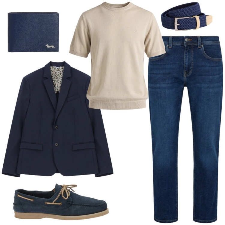 Outfit uomo - #al.lavoro. Stile Casual per Ufficio. Abbinamento con giacche, cinture, portafogli, scarpe stringate, jeans dritti, t-shirt.