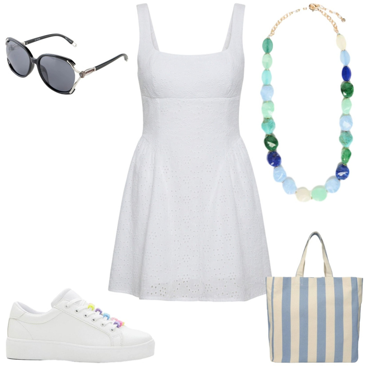 Outfit donna - Per negozi. Stile Casual per Tutti i giorni. Abbinamento con sneakers, occhiali da sole, shopping bag, vestiti corti, collane.