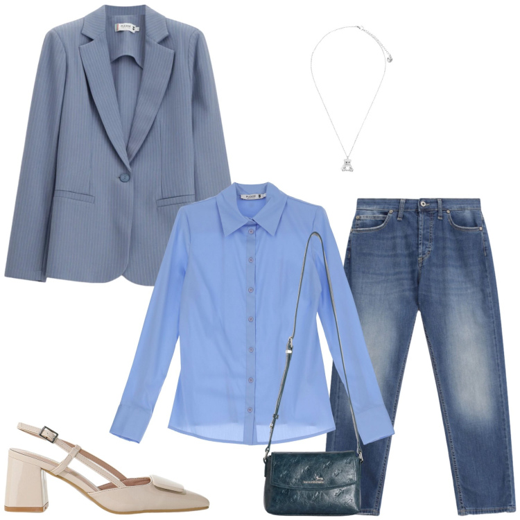 Outfit donna - Blue Harmony. Stile Casual chic per Ufficio. Abbinamento con blazer, camicie, jeans dritti, borse a tracolla, décolleté, ciondoli.
