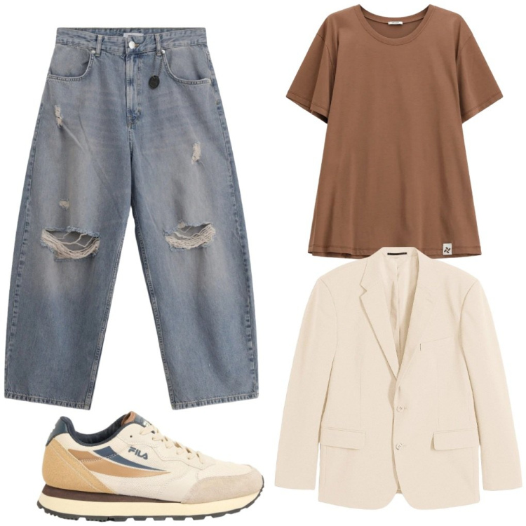 Outfit uomo - #forever.young. Stile Trendy per Tutti i giorni. Abbinamento con giacche, sneakers, jeans strappati, t-shirt.