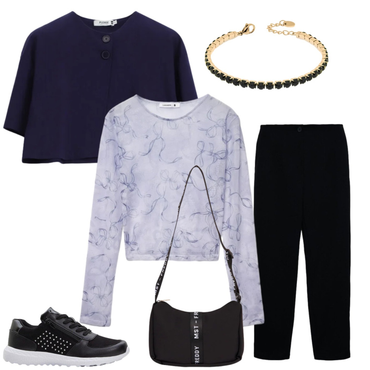Outfit donna - Midnight Romantism. Stile Casual chic per Tutti i giorni. Abbinamento con sneakers, pantaloni chino, t-shirt, cappotti, borse a tracolla, braccialetti.