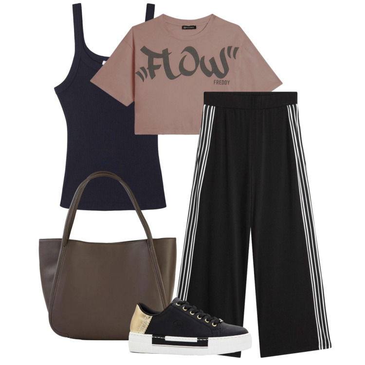 Outfit donna - Sporty chic. Stile Sporty chic per Tutti i giorni. Abbinamento con shopping bag, pantaloni, sneakers, canottiere, t-shirt.