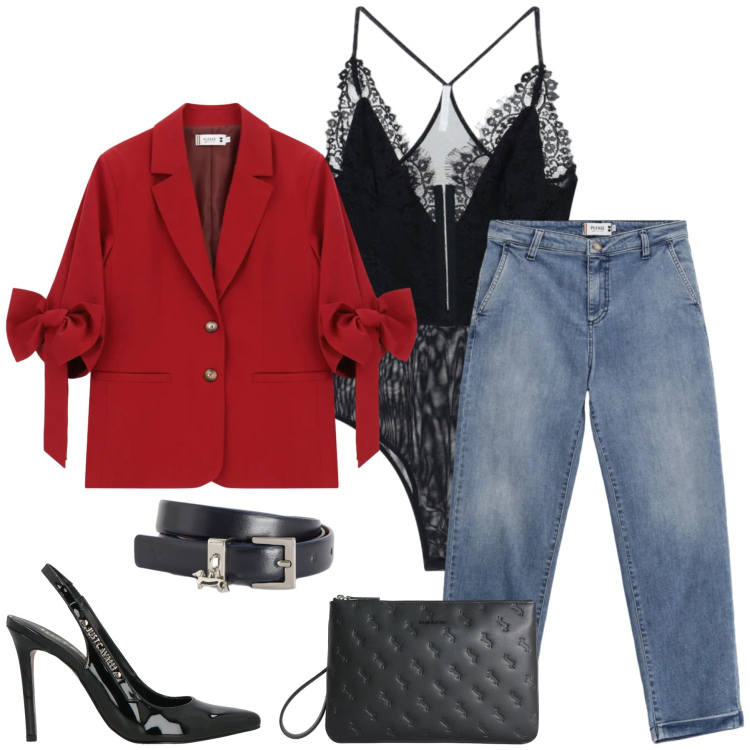 Outfit donna - Crimson Power. Stile Rock per Tutti i giorni. Abbinamento con décolleté, body, blazer, jeans, anelli, cinture.
