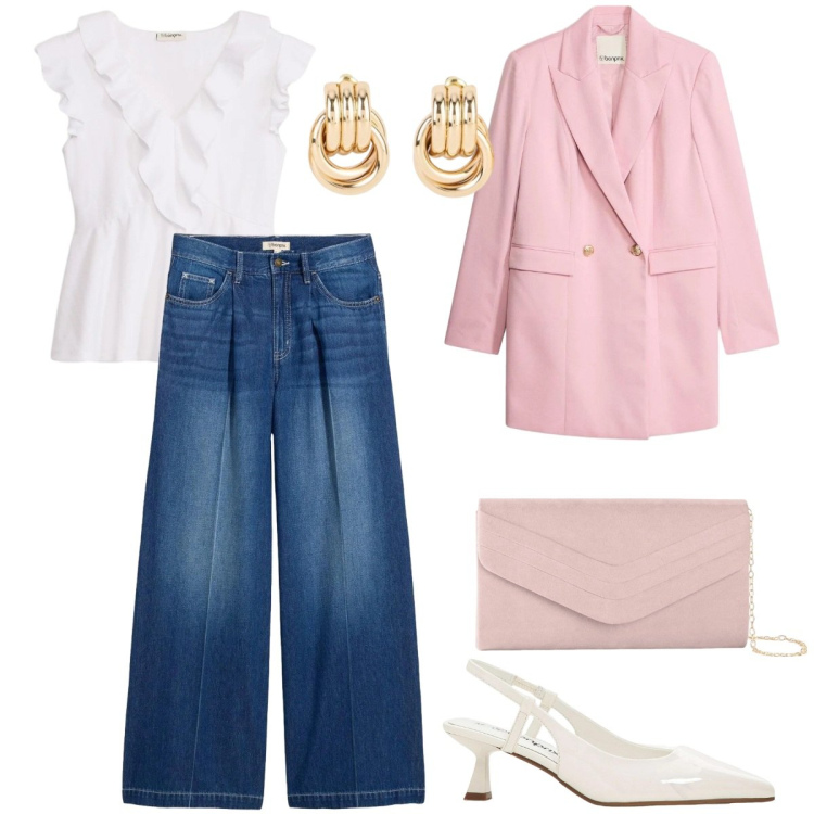 Outfit donna - Bonprix - Cool Spring. Stile Casual chic per Cerimonia. Abbinamento con jeans, bluse, blazer, pochette, décolleté, orecchini.