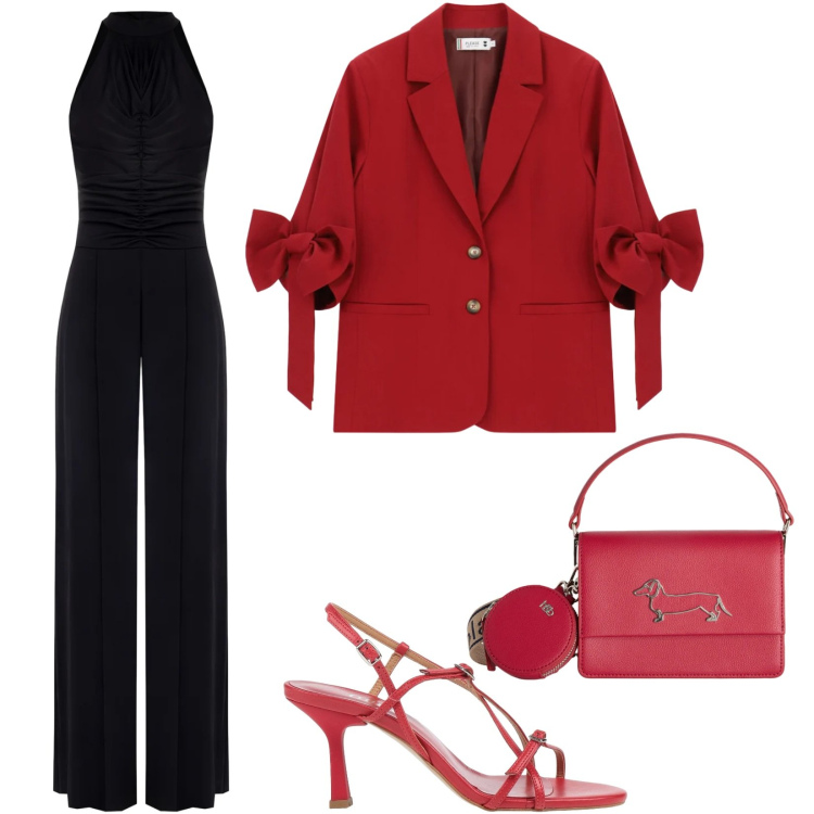 Outfit donna - Serata. Stile Chic per Serata fuori. Abbinamento con sandali in pelle, tute, blazer, borse a tracolla.