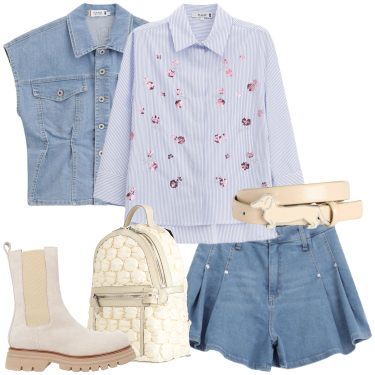 Outfit donna - Spring Denim Vibes. Stile Casual chic per Tutti i giorni. Abbinamento con zaini, stivaletti, shorts, camicie, gilet, cinture.