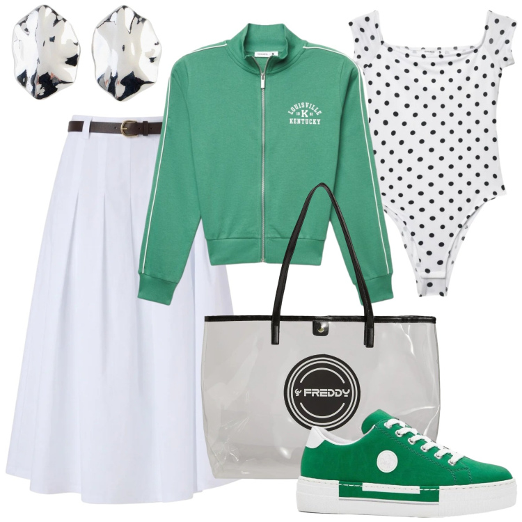 Outfit donna - Verde brillante. Stile Sporty chic per Tutti i giorni. Abbinamento con sneakers, orecchini, gonne longuette, top, felpe, shopping bag.