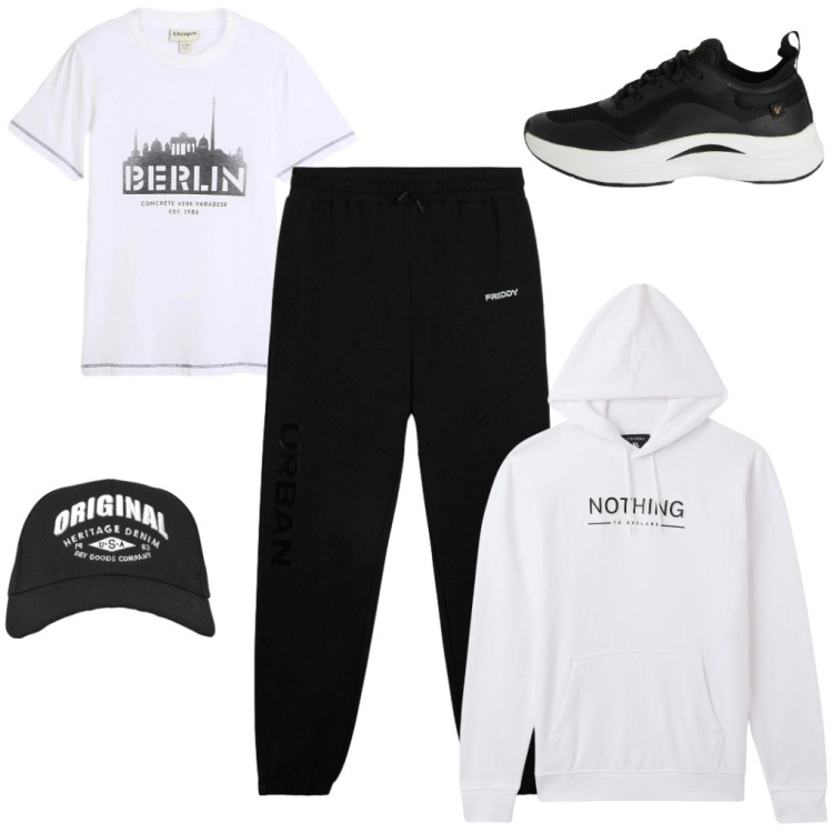 Outfit uomo - #gita.a.Berlino. Stile Urban per Tutti i giorni. Abbinamento con t-shirt, felpe con cappuccio, cappelli con visiera, sneakers, pantaloni.