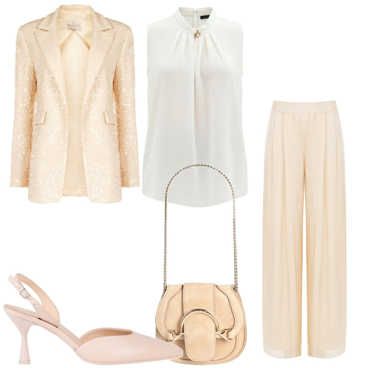 Outfit donna - Cerimonia. Stile Chic per Cerimonia. Abbinamento con marsupi, décolleté, blazer, pantaloni a palazzo, top.