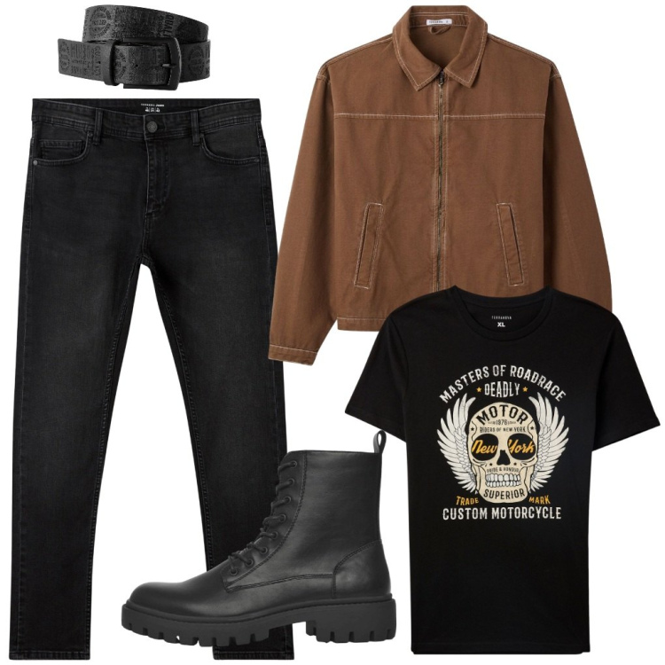 Outfit uomo - #motorbiker. Stile Urban per Tutti i giorni. Abbinamento con cinture, jeans skinny, t-shirt, anfibi, cappotti.