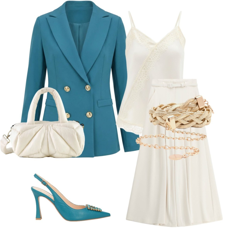 Outfit donna - Tiffany chic. Stile Chic per Cerimonia. Abbinamento con décolleté, pantaloni a palazzo, cinture, blazer, canottiere, borse a mano.