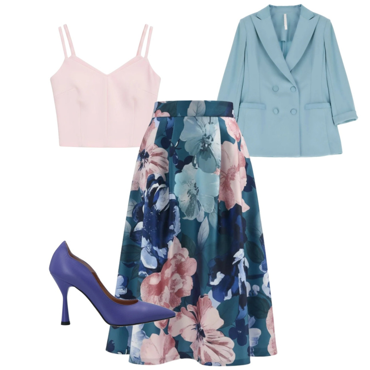 Outfit donna - Estate fredda. Stile Chic per Cerimonia. Abbinamento con décolleté, blazer, gonne longuette, top.