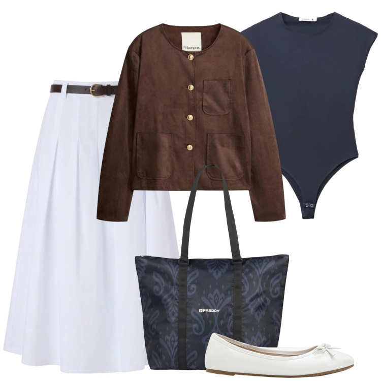 Outfit donna - Total look #2383664. Stile Casual chic per Tutti i giorni. Abbinamento con ballerine, blazer, gonne longuette, top, shopping bag.