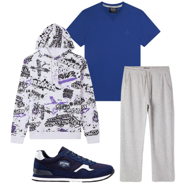 Outfit uomo - Total look #2383668. Stile Trendy per Sport. Abbinamento con sneakers, felpe con cappuccio, pantaloni, t-shirt.