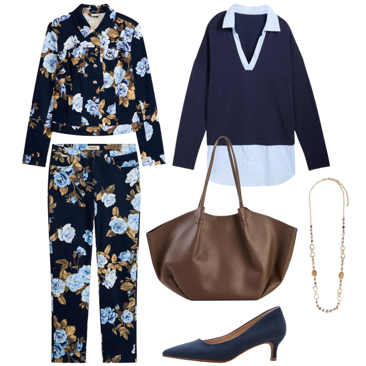 Outfit donna - Una rosa azzurra. Stile Casual per Tutti i giorni. Abbinamento con maglieria, pantaloni, blazer, décolleté, shopping bag, collane.