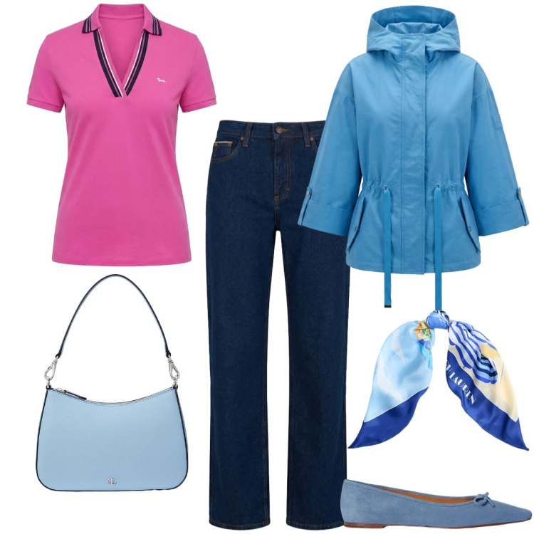 Outfit donna - Sorbetto Mood - Harmon & Blaine. Stile Casual chic per Tutti i giorni. Abbinamento con caban, polo, jeans, borse a spalla, ballerine, foulard.