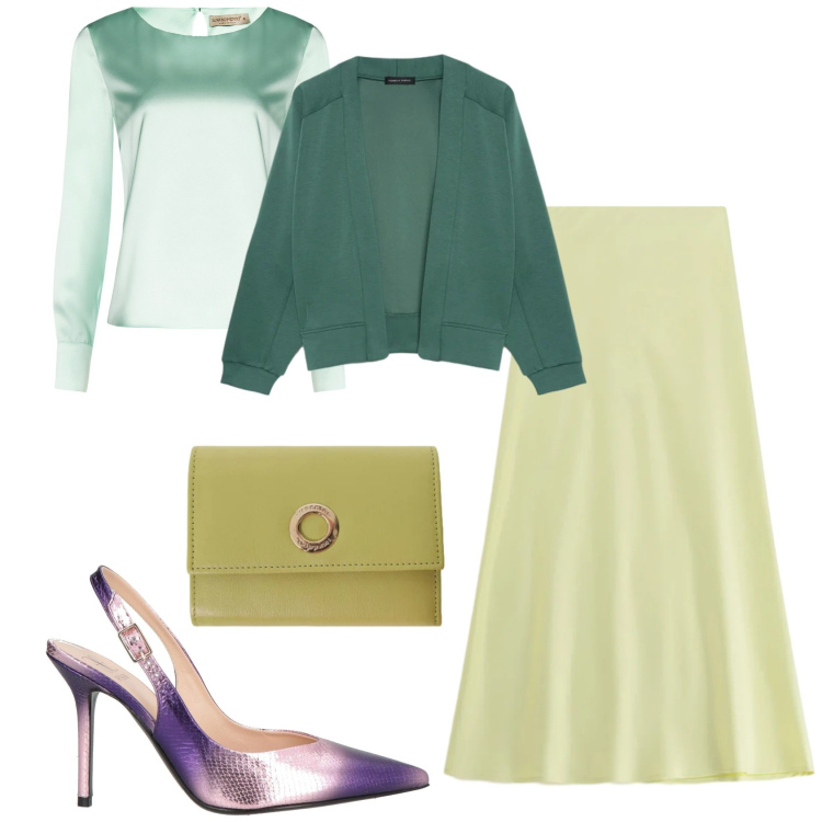 Outfit donna - Sfumature di verde. Stile Chic per Tutti i giorni. Abbinamento con décolleté, gonne lunghe, portafogli, bluse, felpe.