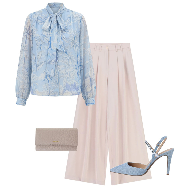 Outfit donna - Armocromia estate soft. Stile Casual chic per Tutti i giorni. Abbinamento con décolleté, pantaloni a palazzo, portafogli, bluse.