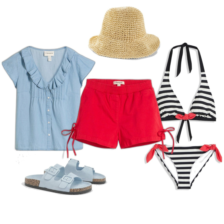 Outfit femme - Été. Style Romantique pour Plage. Assortir avec maillot de bain 2 pièces, chapeaux, short, hauts, mules.