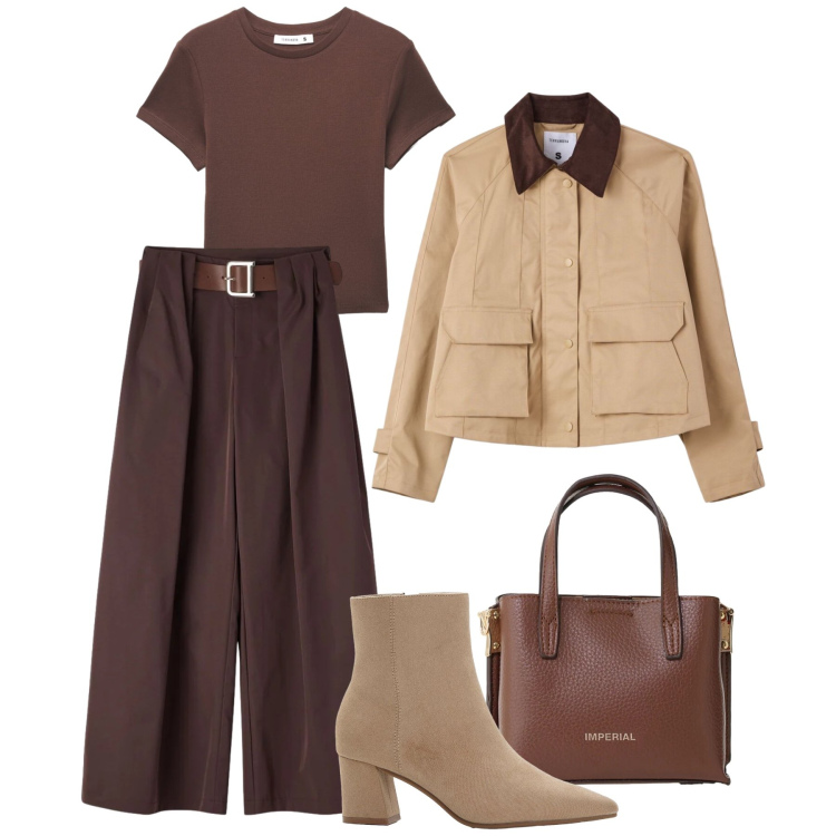 Outfit donna - Total look mezza stagione. Stile Urban per Tutti i giorni. Abbinamento con stivaletti, pantaloni, cappotti, t-shirt, borse a tracolla.