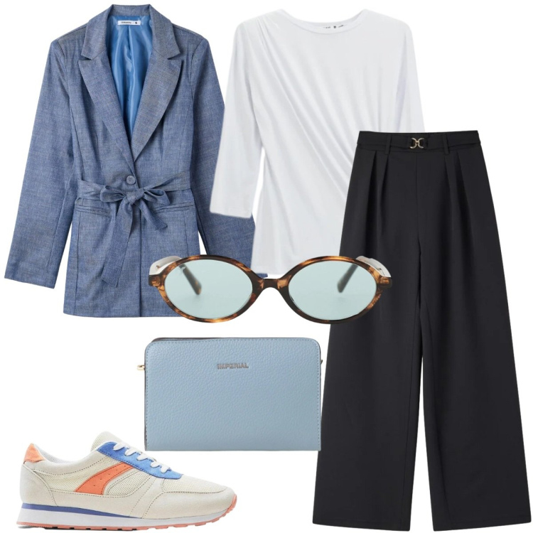 Outfit donna - Effortless, but on point. Stile Casual chic per Tutti i giorni. Abbinamento con sneakers, pantaloni, blazer, occhiali da sole, borse a tracolla, top.