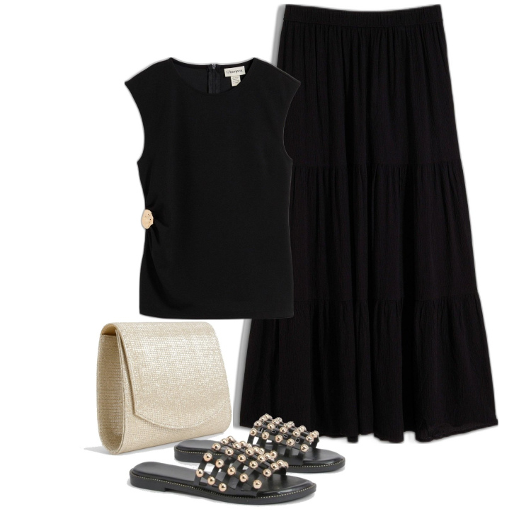Outfit femme - Jupe longue. Style Casual chic pour Tous les jours. Assortir avec jupes longues, hauts, mules, pochette.