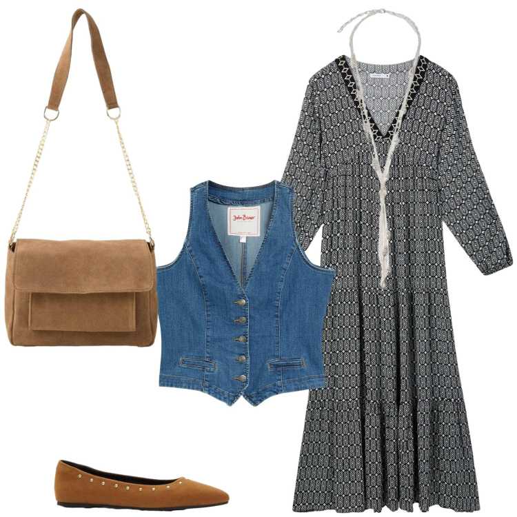 Outfit donna - Total look #2383695. Stile Vintage retrò per Tutti i giorni. Abbinamento con gilet, ballerine, borse a tracolla, vestiti lunghi, collane.