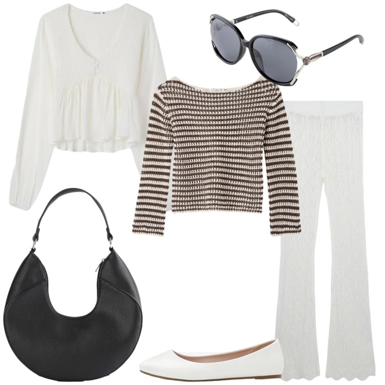 Outfit donna - Total look #2383696. Stile Casual chic per Tutti i giorni. Abbinamento con ballerine, occhiali da sole, borse a mano, pantaloni, maglieria, bluse.
