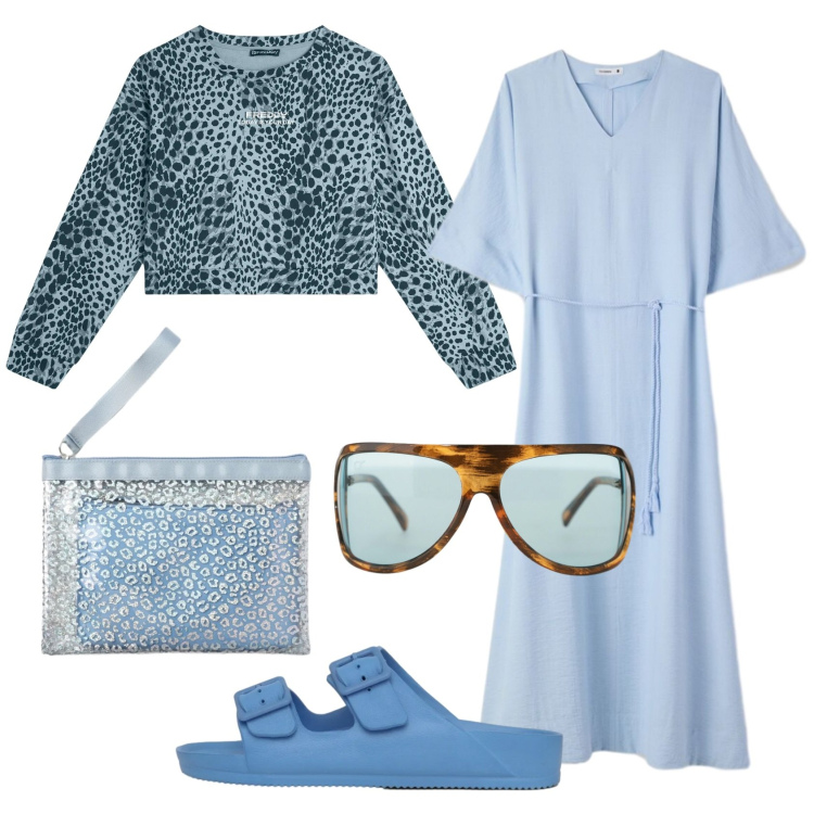 Outfit donna - Maculato al mare. Stile Etnico per Mare. Abbinamento con vestiti lunghi, pochette, ciabatte, occhiali da sole, felpe.