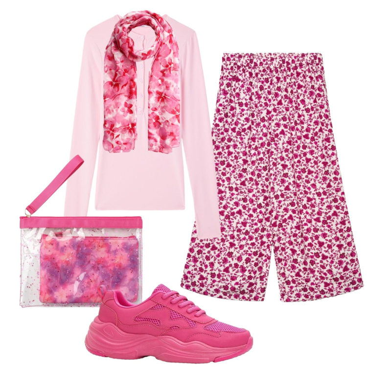 Outfit donna - Rosa floreale. Stile Romantica per Sport. Abbinamento con sneakers, pantaloni a palazzo, t-shirt, pochette, foulard.