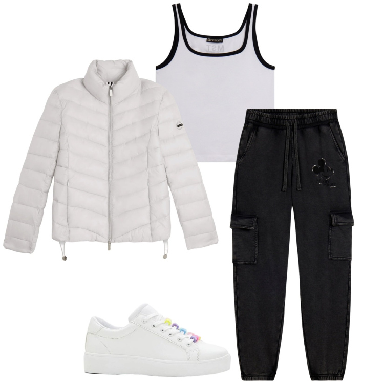 Outfit donna - Total look #2383707. Stile Sporty chic per Sport. Abbinamento con sneakers, piumini, pantaloni cargo, canottiere.
